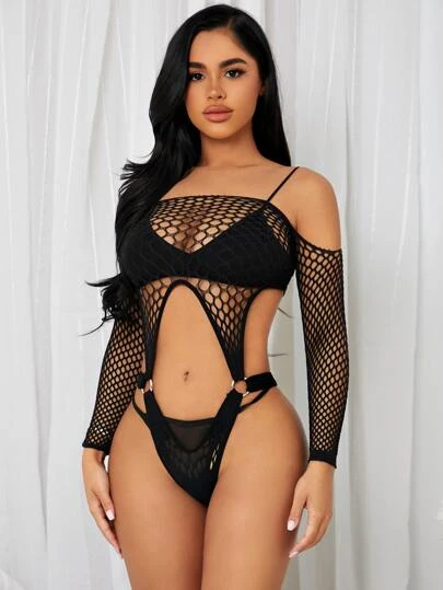 ring linked fishnet teddy bodysuit without